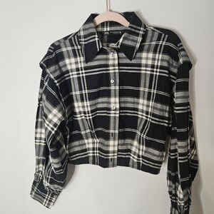 Zara Monochrome Plaid Cropped Blouse